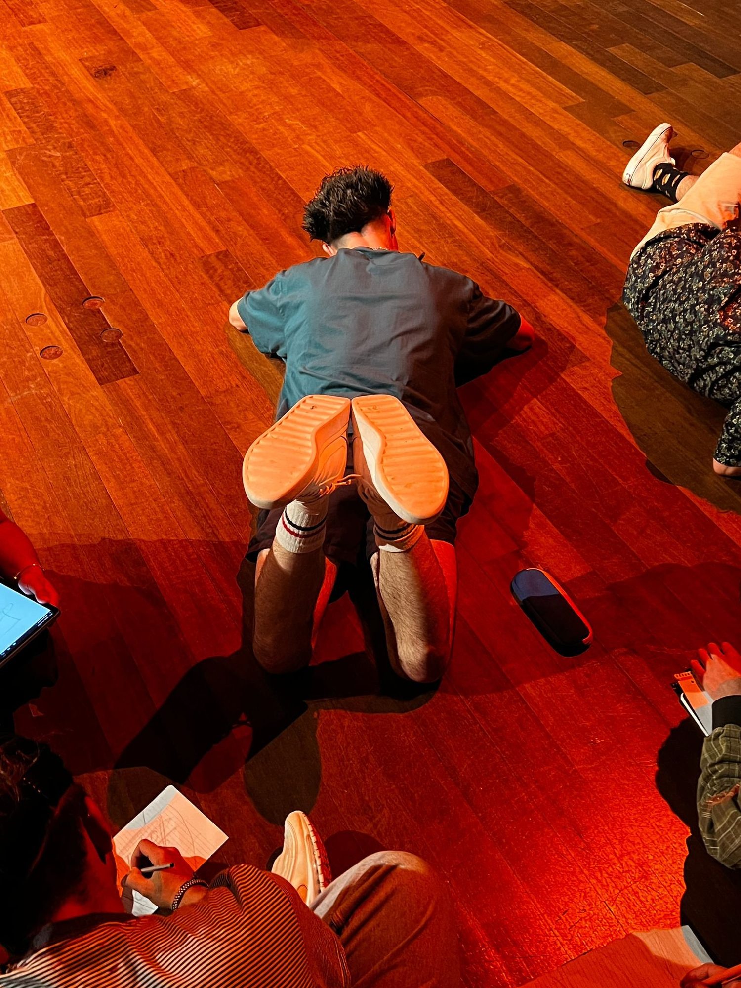 A workshop in progress, seen from above